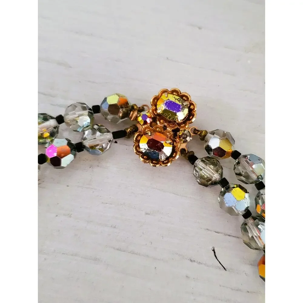 Vintage Smokey Glass AB Faceted Double Bead Strand Necklace with Box Clasp